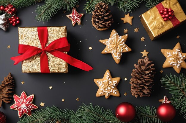 Arrière-plan de Noël avec boîte à cadeaux, branches de sapin et décorations sur fond sombre