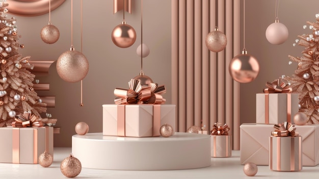 Arrière-plan de Noël avec des boîtes cadeaux emballées, des ornements et des podiums vides pour des présentations de produits en 3D