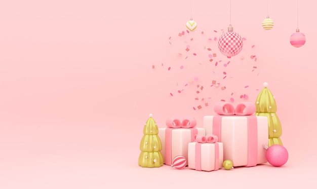 Photo arrière-plan de noël avec des boîtes cadeaux roses, des décorations d'arbres de noël et des confettes 3d réalistes