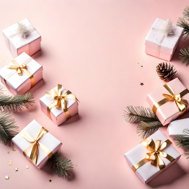 Photo arrière-plan de noël avec des boîtes-cadeaux, un sapin et de la neige sur un fond rose