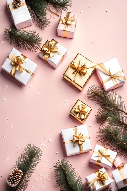 Photo arrière-plan de noël avec des boîtes-cadeaux, un sapin et de la neige sur un fond rose