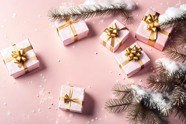 Photo arrière-plan de noël avec des boîtes-cadeaux, un sapin et de la neige sur un fond rose