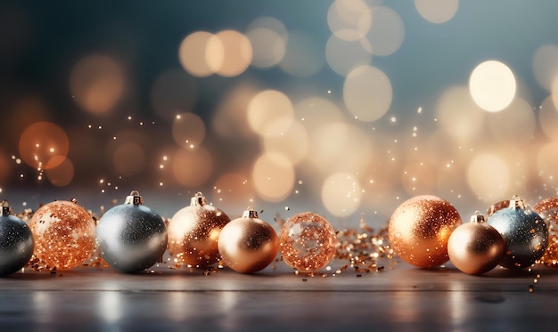 Arrière-plan de Noël avec des boules et des lumières bokeh dorées