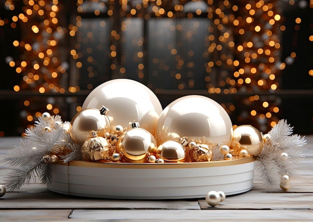 Arrière-plan de Noël avec des boules de Noël blanches et dorées sur le podium