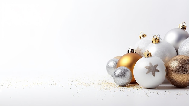 Arrière-plan de Noël avec des boules d'or et d'argent sur un fond blanc