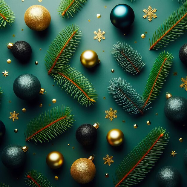 Arrière-plan de Noël avec des branches de sapin vert des boules d'or et des cônes de pin