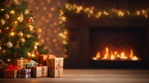 Arrière-plan de Noël avec des cadeaux d'arbre de Noël et une cheminée en arrière-plan génération d'IA