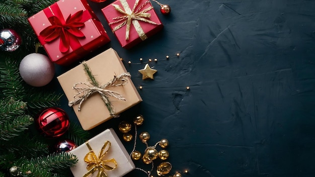 Arrière-plan de Noël avec des cadeaux rouges et dorés de sapin vue supérieure copie image spatiale