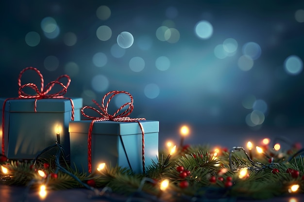 Arrière-plan de Noël et du Nouvel An avec des boîtes-cadeaux, des lumières et du bokeh