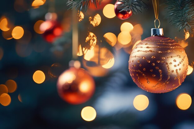 Arrière-plan de Noël et du Nouvel An avec des boules dorées et des lumières bokeh