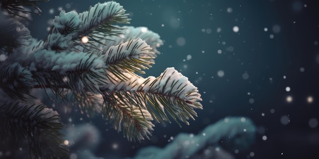 Arrière-plan de Noël ou du Nouvel An Branches d'arbres de Noël dans la neige la nuit Bannière de la nature hivernale