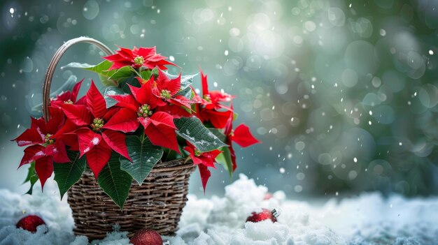 Photo arrière-plan de noël fleurs de poinsettia de noël rouges dans un panier sur la neige espace pour le texte