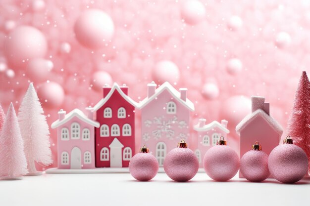 Photo arrière-plan de noël avec des maisons, des sapins, des boules de noël dans des couleurs roses