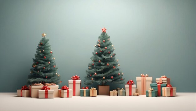 Photo arrière-plan de noël minimaliste avec arbre de noël et boîtes à cadeaux