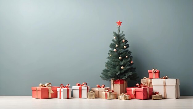 Photo arrière-plan de noël minimaliste avec arbre de noël et boîtes à cadeaux