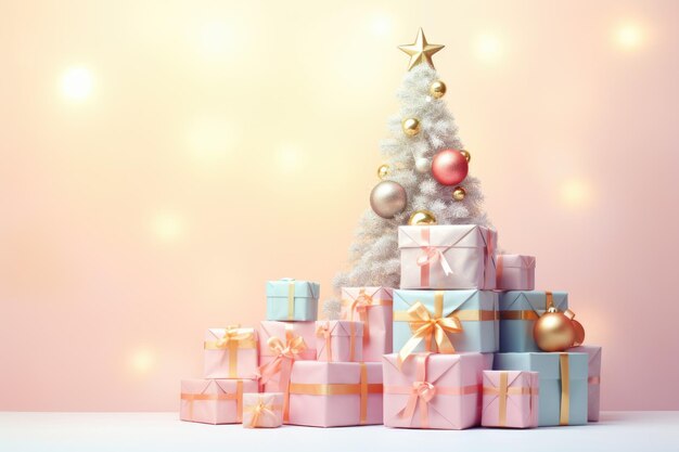 Arrière-plan de Noël avec sapin et cadeaux dans des couleurs pastel douces