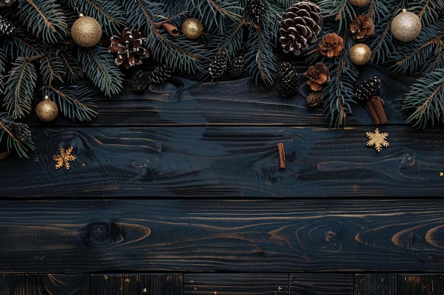 Arrière-plan de Noël avec sapin et décoration sur planche de bois sombre