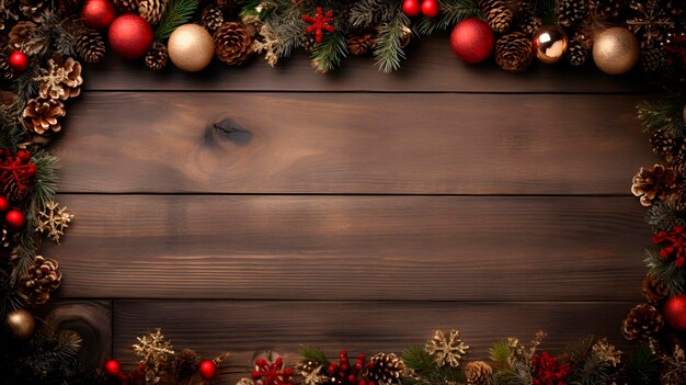 Photo arrière-plan de noël table en bois élégamment encadrée avec une composition de décoration de noël