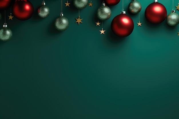 Arrière-plan de Noël vert avec des étoiles de boules et de l'espace pour le texte