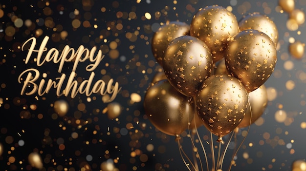 Arrière-plan noir avec ballon d'air doré et noir réaliste 3D avec texte de joyeux anniversaire