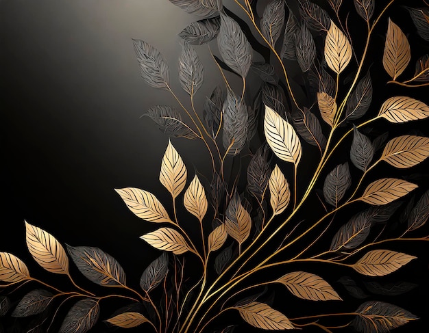 Arrière-plan noir de luxe avec des feuilles dorées et des étincelles