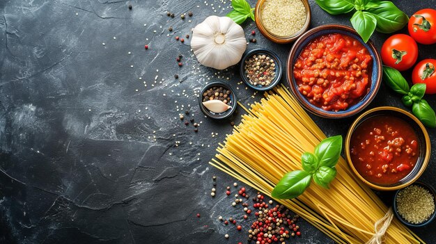 Arrière-plan de la nourriture Arrière-fond de la nourriture italienne avec des pâtes ravioli tomates olives et basilic