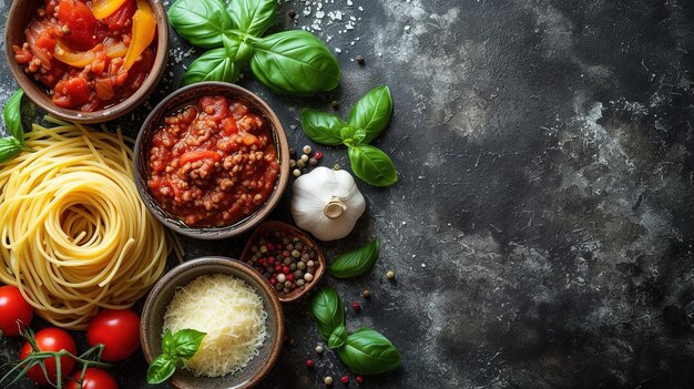 Arrière-plan de la nourriture Arrière-fond de la nourriture italienne avec des pâtes ravioli tomates olives et basilic