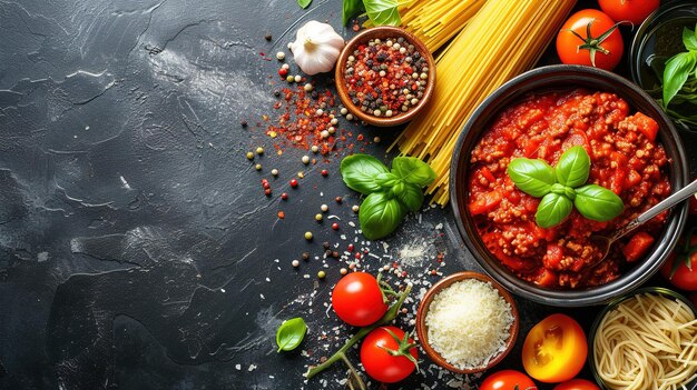 Arrière-plan de la nourriture Arrière-fond de la nourriture italienne avec des pâtes ravioli tomates olives et basilic