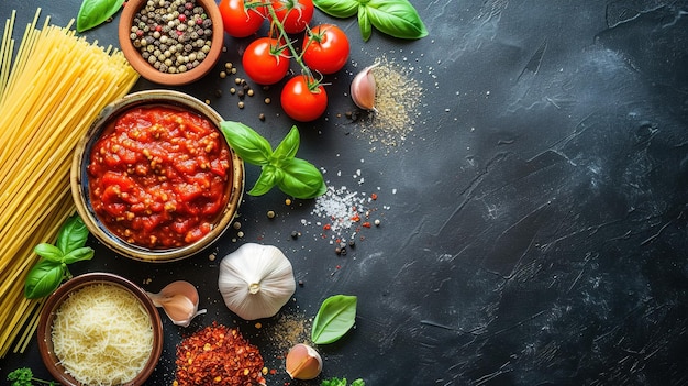 Arrière-plan de la nourriture Arrière-fond de la nourriture italienne avec des pâtes ravioli tomates olives et basilic