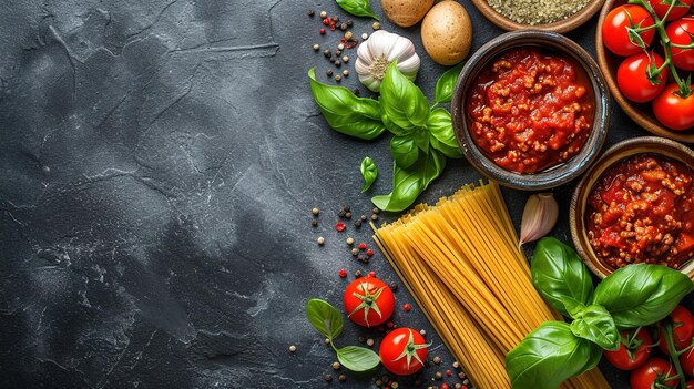 Arrière-plan de la nourriture Arrière-fond de la nourriture italienne avec des pâtes ravioli tomates olives et basilic