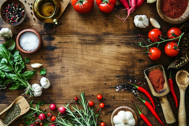 Arrière-plan de la nourriture légumes épices et ustensiles de cuisine sur la vieille table