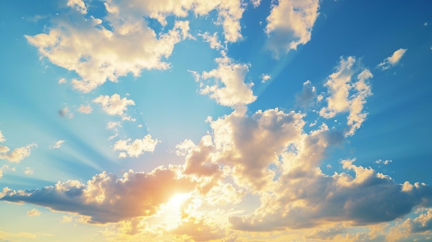 Arrière-plan de nuages bleus Joli paysage avec des nuages et un soleil orange sur le ciel Génératif Ai