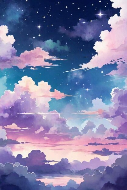 Arrière-plan nuages couleurs violettes beau ciel et les étoiles style d'aquarelle anime ai gen