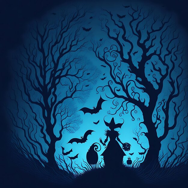 Photo arrière-plan de la nuit d'halloween avec une citrouille silhouette d'arbre du cimetière de chauve-souris fantôme