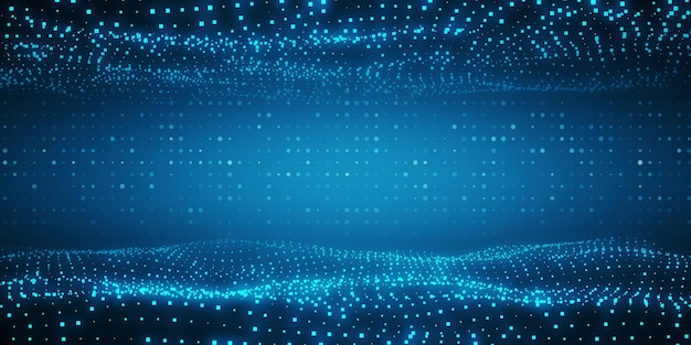 Arrière-plan numérique abstrait bleu foncé avec des particules de lumière formant un motif d'onde Rendering 3D