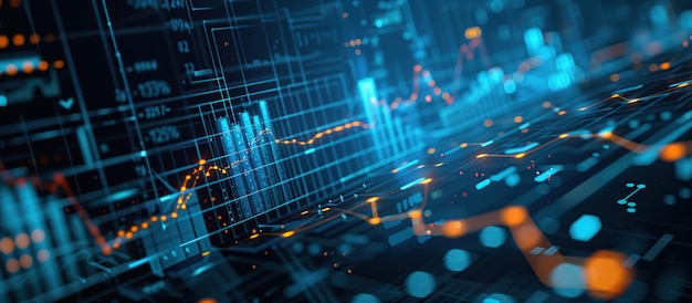 Arrière-plan numérique avec graphique du marché boursier et diagrammes sur fond bleu foncé