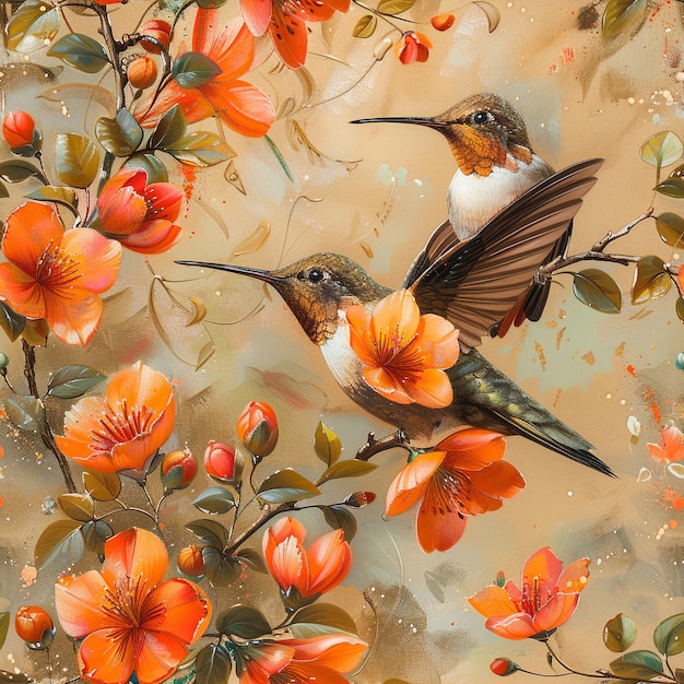 Photo arrière-plan numérique sans couture du colibri de printemps