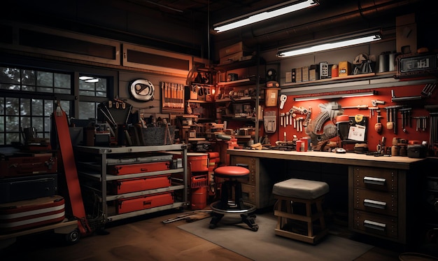 Photo arrière-plan des outils de garage vintage révision de la salle d'outils carrefour étagère de travail pour le flux de créateur de contenu