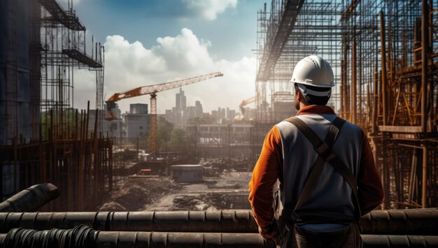 Photo arrière-plan un ouvrier portant un casque et des gilets de sécurité traverse le chantier d'un bâtiment industriel au fond, il y a une grue et des cadres en béton d'un gratte-ciel