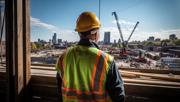 Photo arrière-plan un ouvrier portant un casque et des gilets de sécurité traverse le chantier d'un bâtiment industriel au fond, il y a une grue et des cadres en béton d'un gratte-ciel