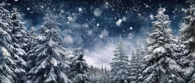 Arrière-plan panoramique d'hiver avec des branches de sapin couvertes de neige et des flocons de neige