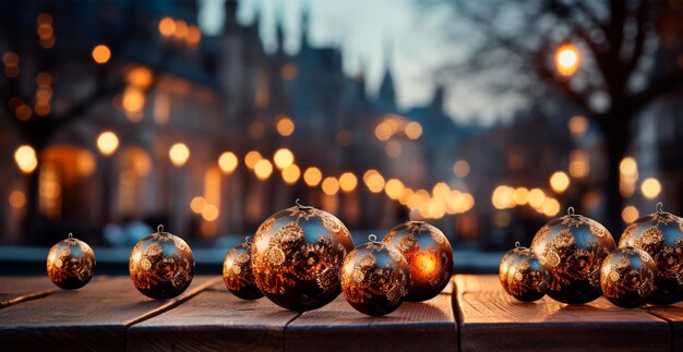 Arrière-plan panoramique de Noël brillant belles boules de Nouvel An sur un fond flou image générée par l'IA