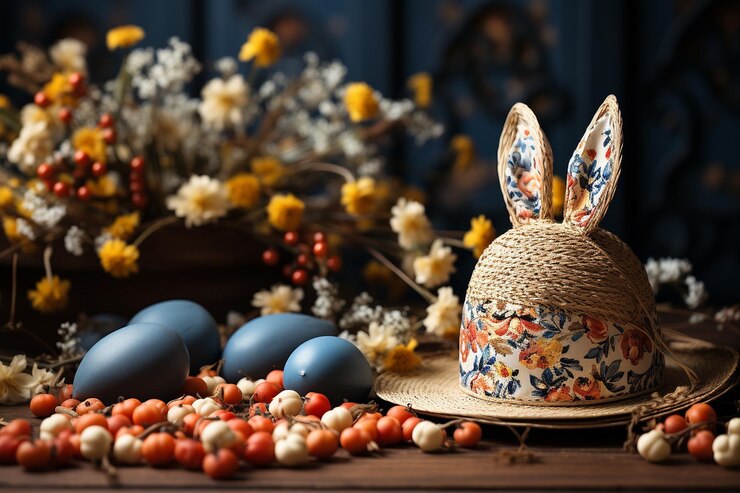 Photo arrière-plan de pâques avec bonnet de pâque