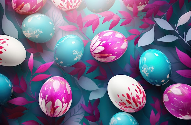 Arrière-plan de Pâques avec des œufs colorés et des feuilles illustration 3D