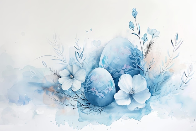 Arrière-plan de Pâques avec des œufs et des fleurs de printemps en aquarelle
