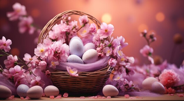Arrière-plan de Pâques avec des œufs de Pâques et des fleurs de printemps Vue supérieure avec espace de copie Nid avec des œufs décorés de belles fleurs sur un fond rose Photo de haute qualité