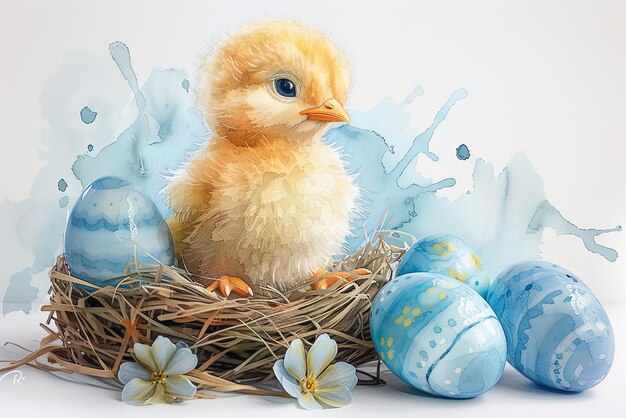 Photo arrière-plan de pâques avec poulet et fleurs de printemps dans le style aquarelle