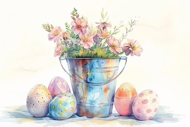 Arrière-plan de Pâques avec un seau de fleurs et des œufs de Pâque en aquarelle