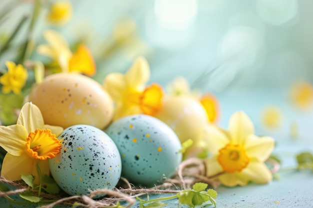 Arrière-plan pastel de Pâques avec des œufs de Pâques colorés et des jonquilles