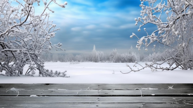 Arrière-plan de paysage d'hiver avec une terrasse en bois